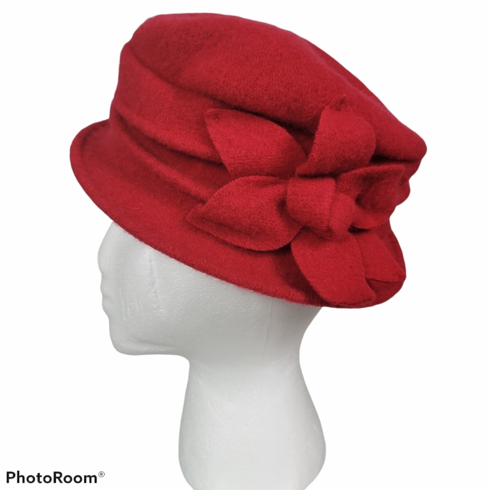 Dahlia Red 100% Wool Cloche Hat With Flower